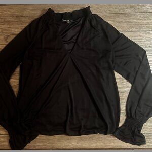 Express Black Smocked Neck Ruched Long Sleeve Blouse | Size M